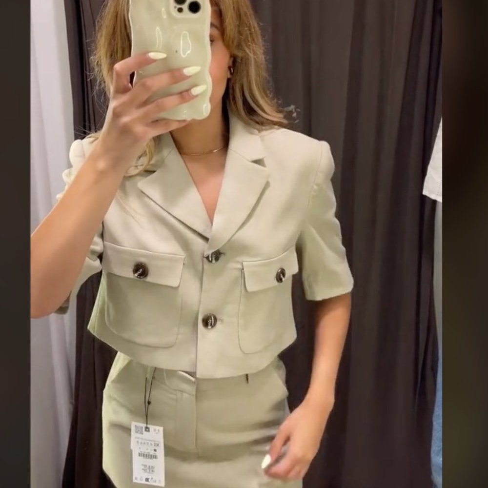 Zara women SHORT SLEEVE CROP BLAZER Pockets Khaki S M NWT 8367/939